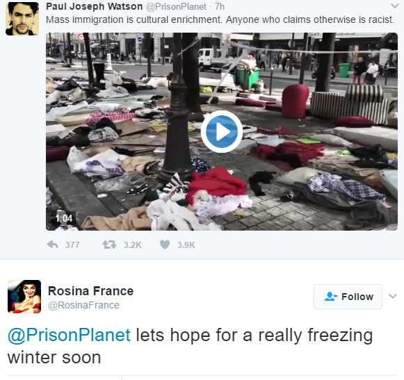 'I hope all the refugees freeze to death'