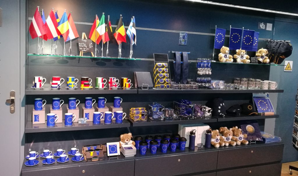 Display of EU merchandise in Parliamentarium, Brussels