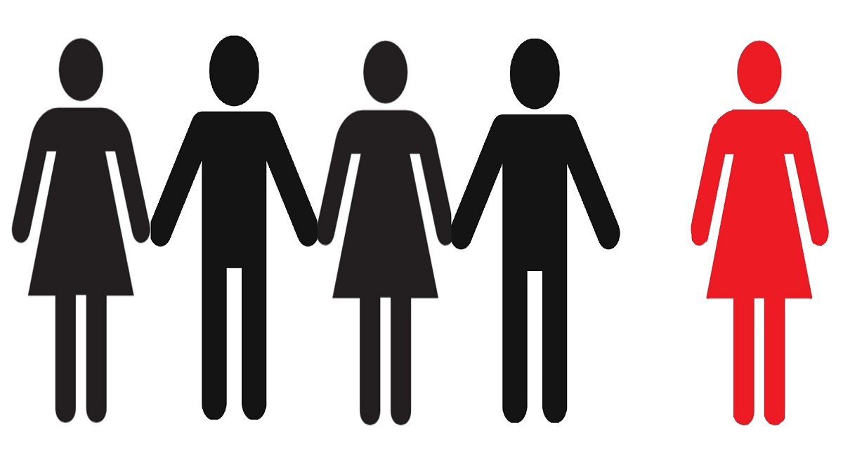 Four people holding hands, one apart