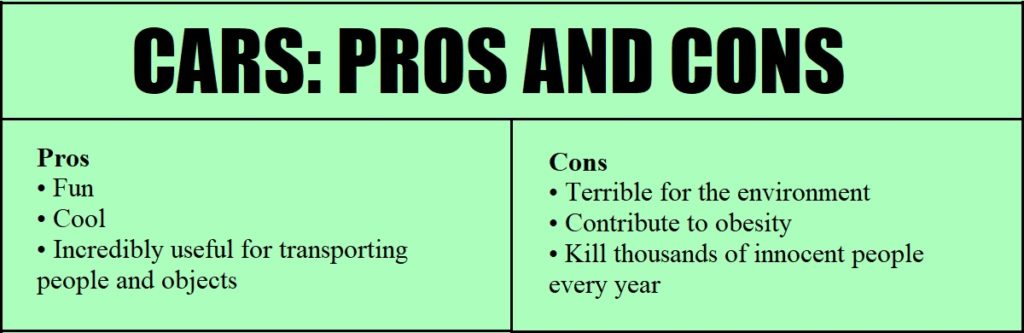 List of pros and cons of cars - Useful for transporting people & objects v environment, accidents
