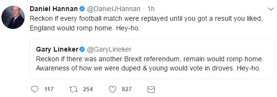 Daniel Hannan quote-tweeting Gary Lineker: "If every football match were replayed until you got a result you liked, England would romp home"