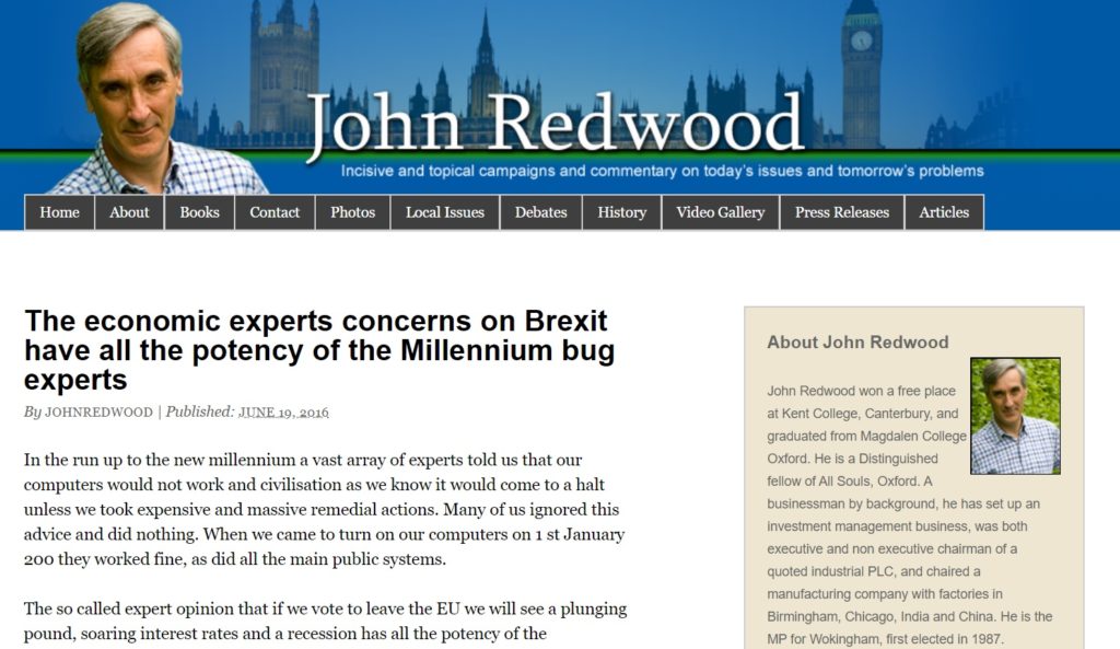 John Redwood blog comparing Brexit concerns to Millennium bug