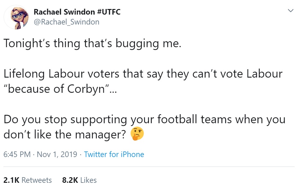 Rachel Swindon: terrible analogy about Corbyn and football